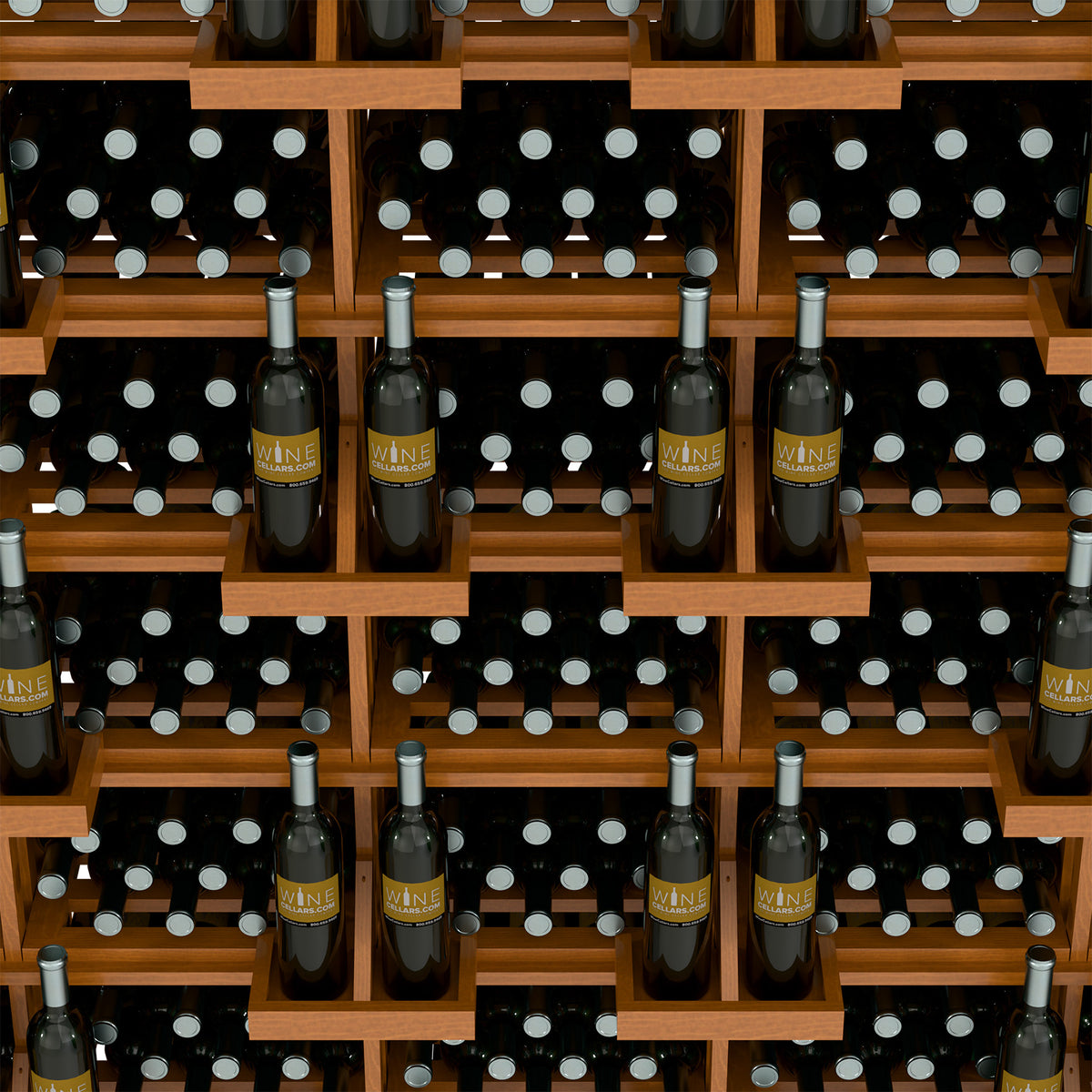 Light wood wine bottle display with front shelves and bottles arranged in grid