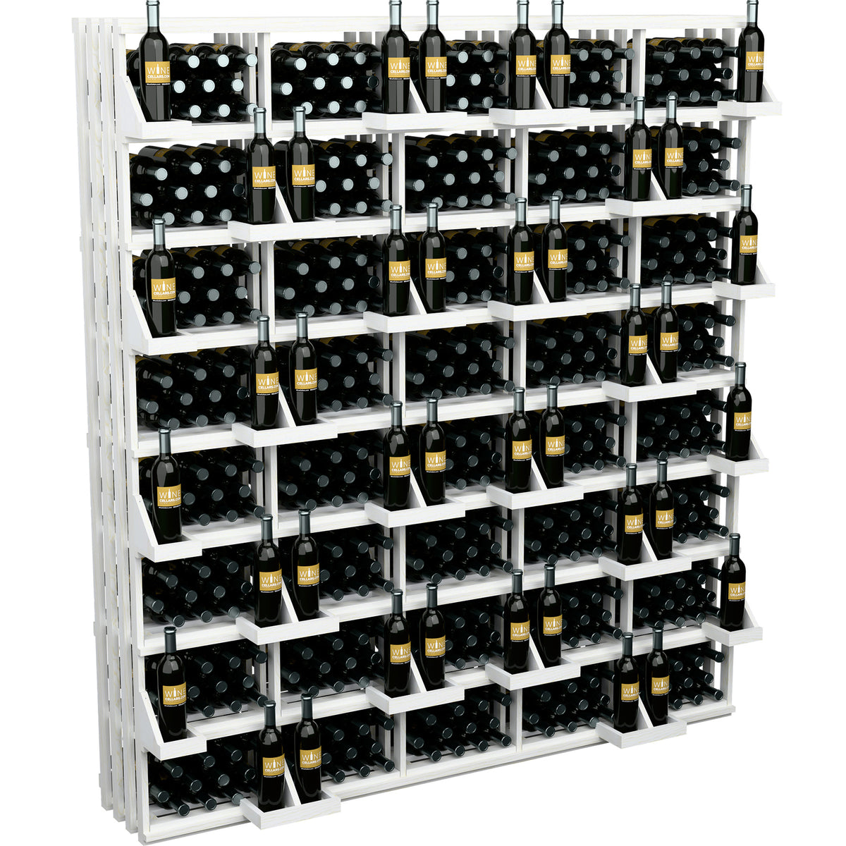 Wine bottle wall display with bulk bins, white shelving unit packed with wine bottles