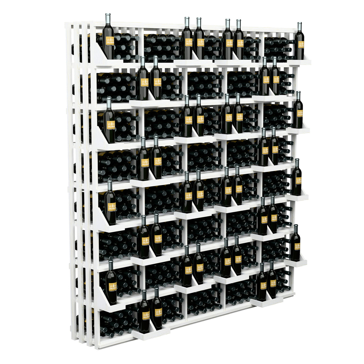Light wood wine bottle display rack with open grid cubbies and bottle rows