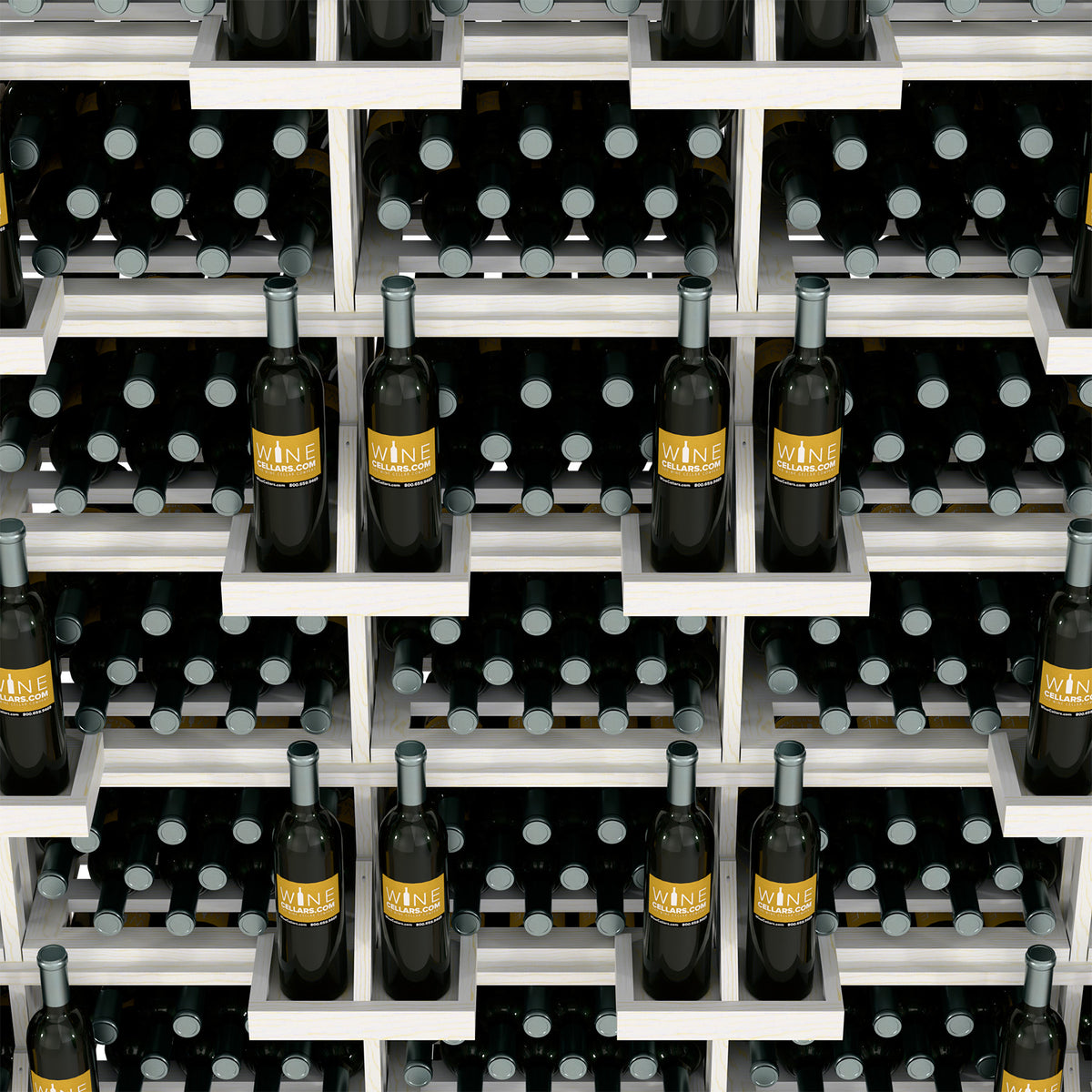 Wood wine bottle wall display with open grid shelves holding multiple filled bottles