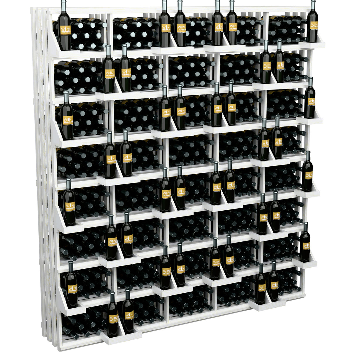 White wine bottle rack with open grid shelves and multiple rows of bottle slots