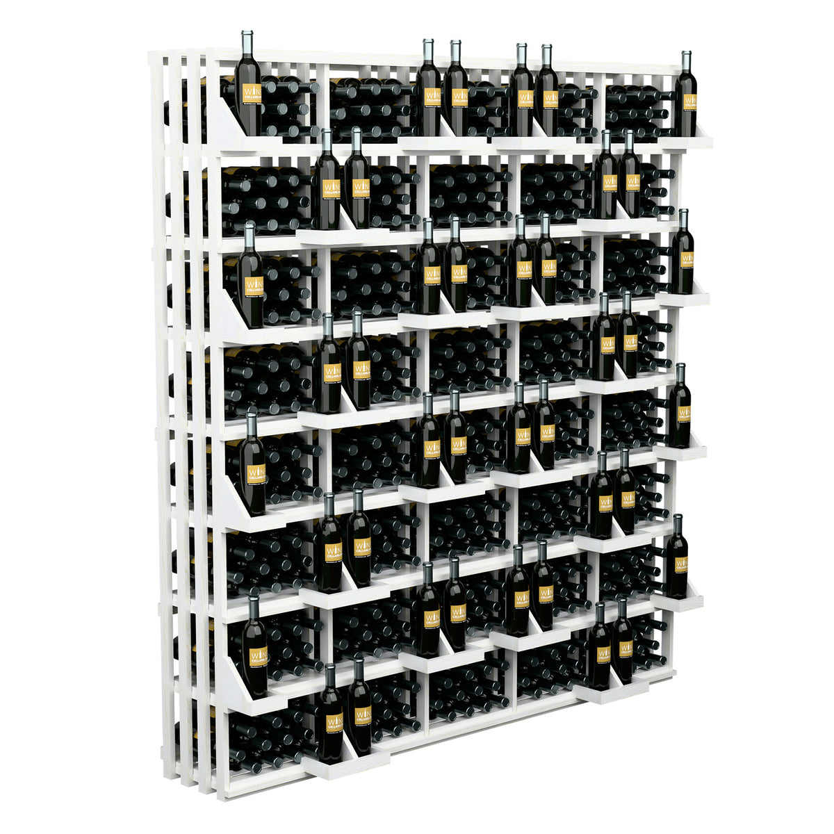 White wood wine bottle display with stacked shelves for bottles across multiple rows