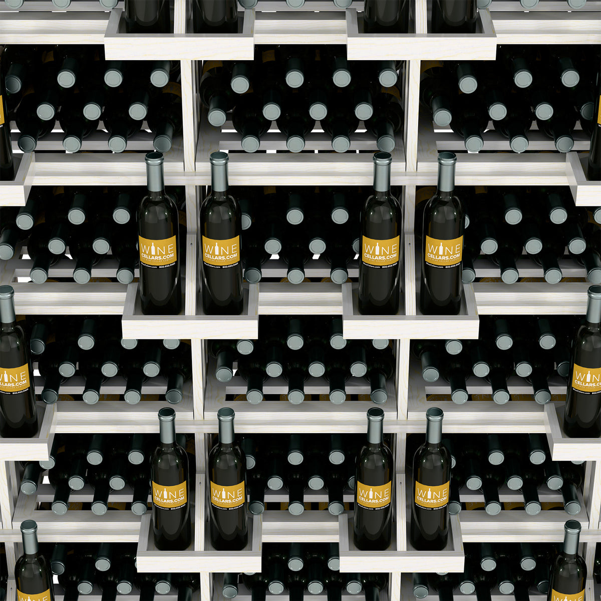 White wine bottle display with open grid shelves holding several dark bottles