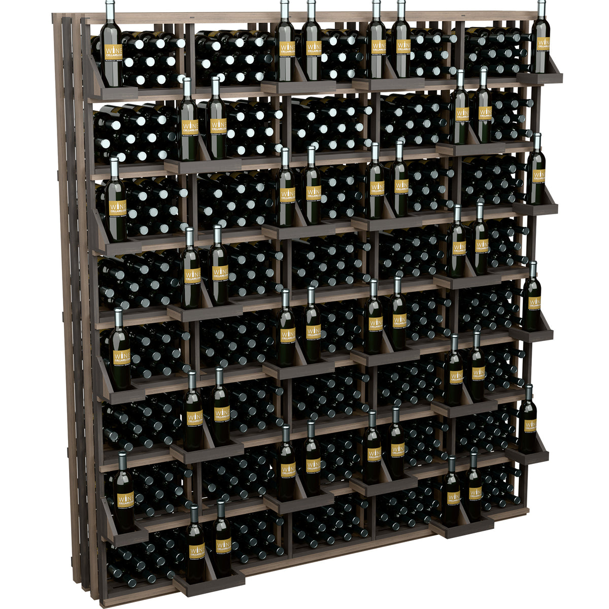 Wine bottle wall display with bulk bins, dark wood frame shelves holding wine bottles