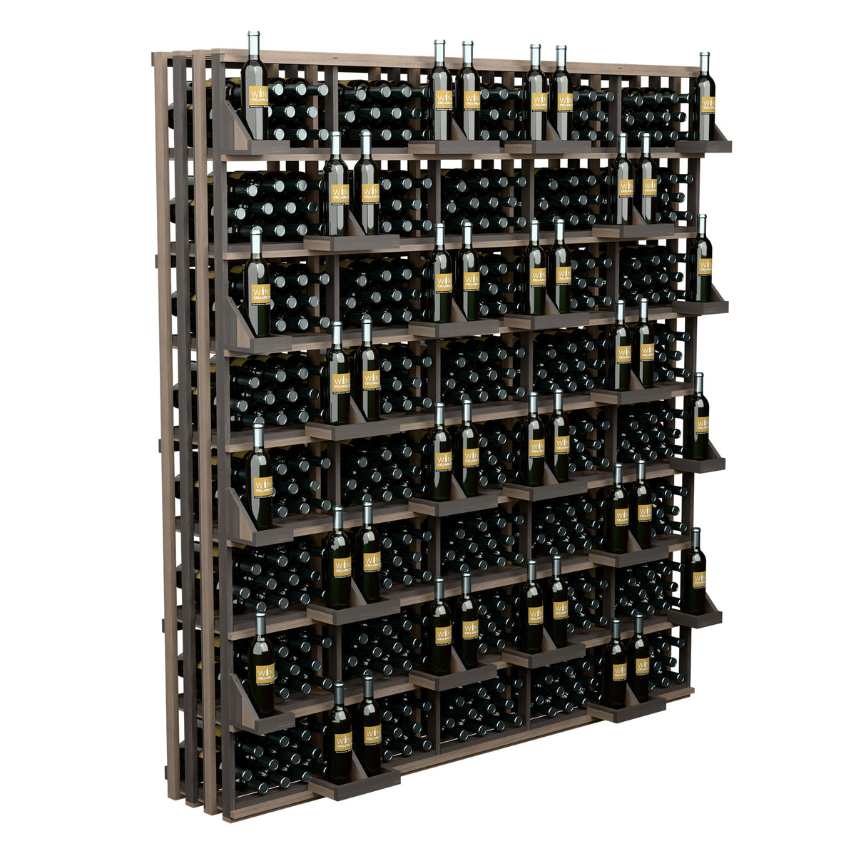 Brown wood wine bottle display rack with open grid shelves holding wine bottles