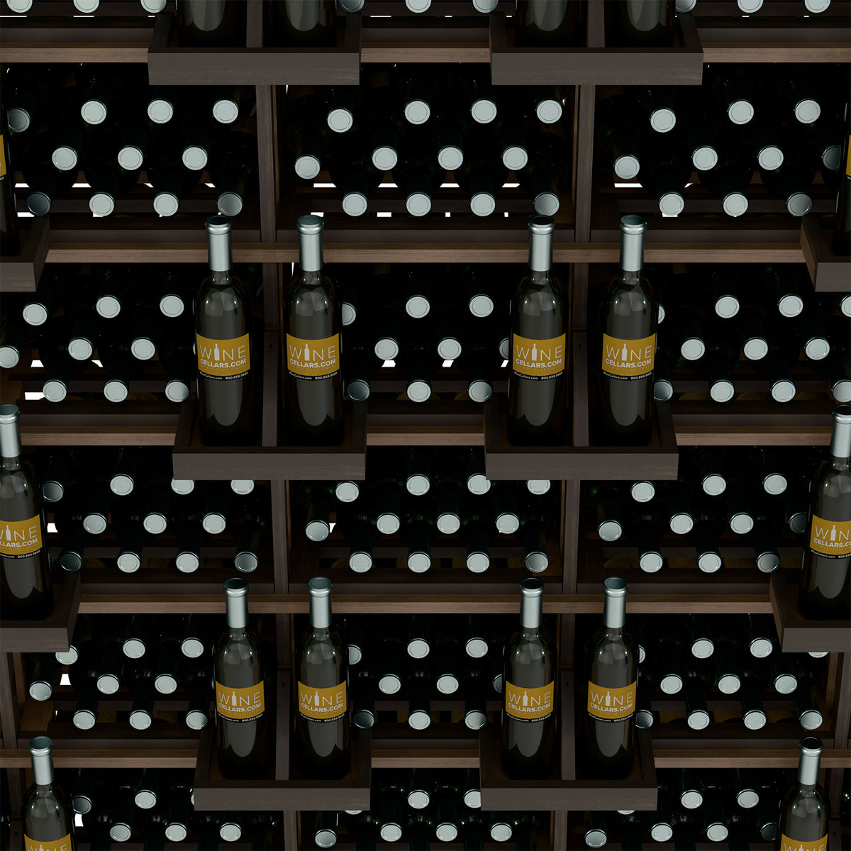 Close-up of dark wood wine bottle wall display with cubby shelves
