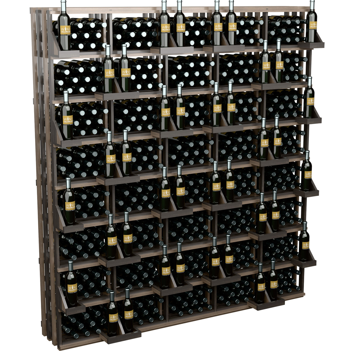 Wine bottle wall display with bulk bins, dark frame, black polka-dot bottle holders