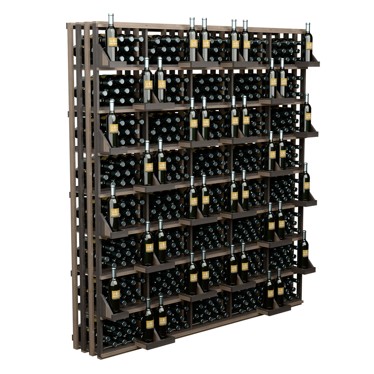 Wine bottle wall display with bulk bins, dark wood frame, rows of wine bottles