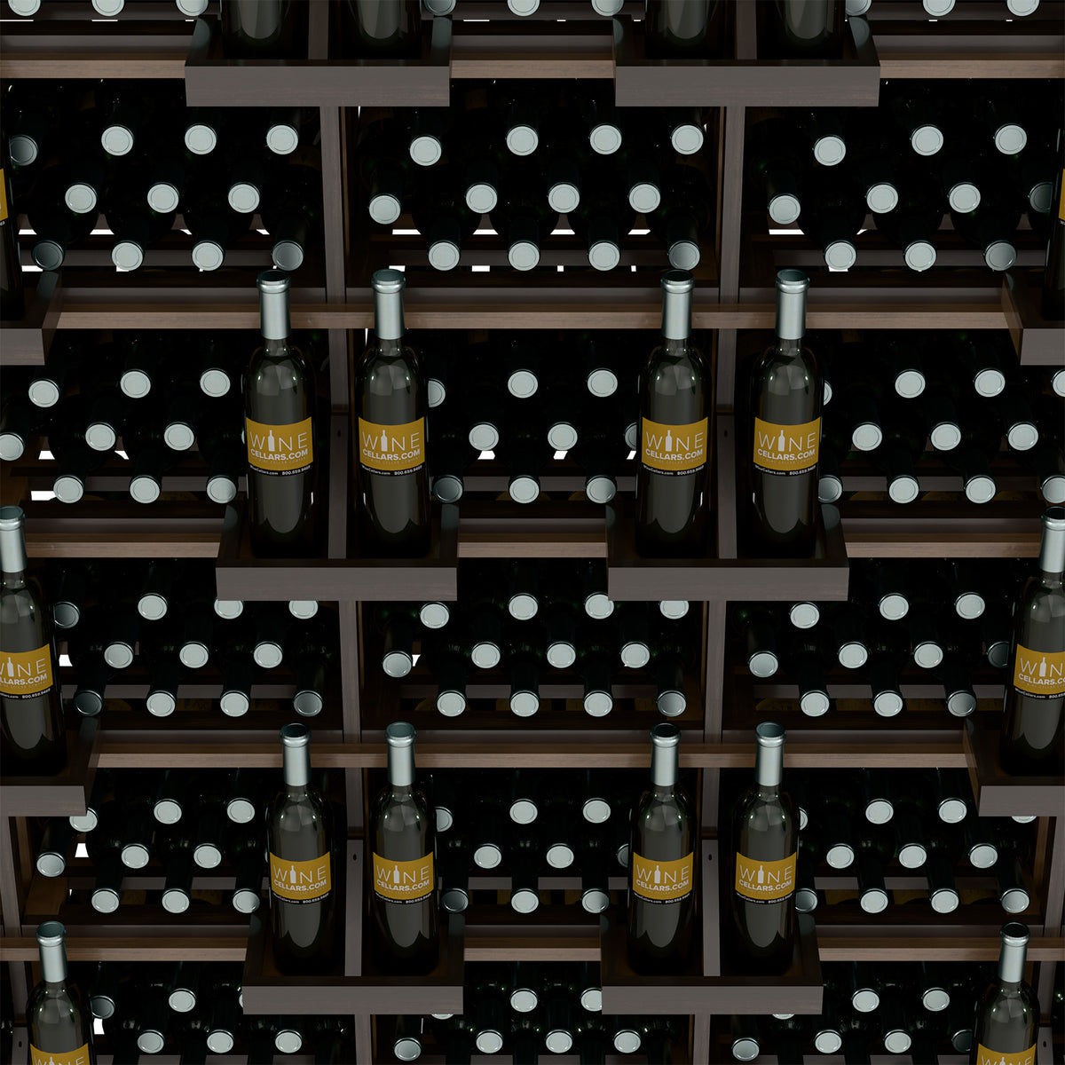 Wine bottle wall display close-up with black polka-dot bins and bottle necks visible