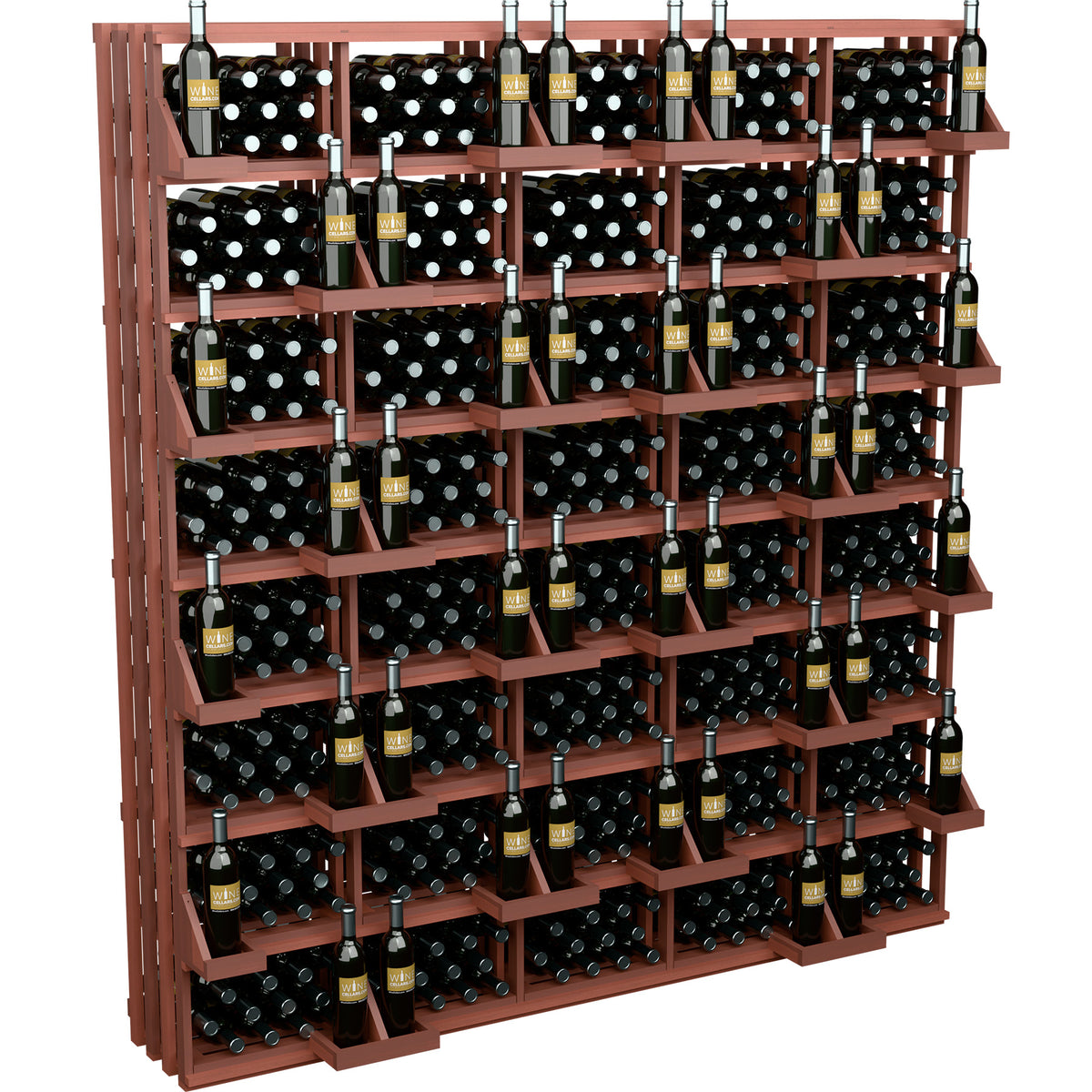 Red wood wine bottle wall display rack with grid shelves and many filled bottle bottles