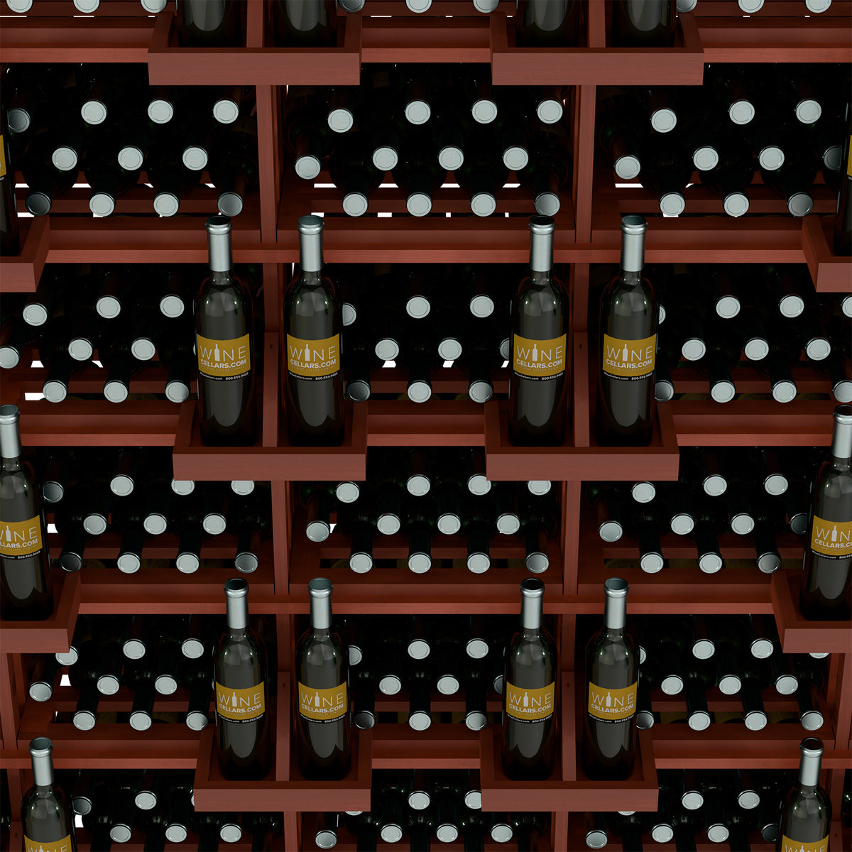 Brown wood wine bottle wall display with rows of bottles on grid shelves