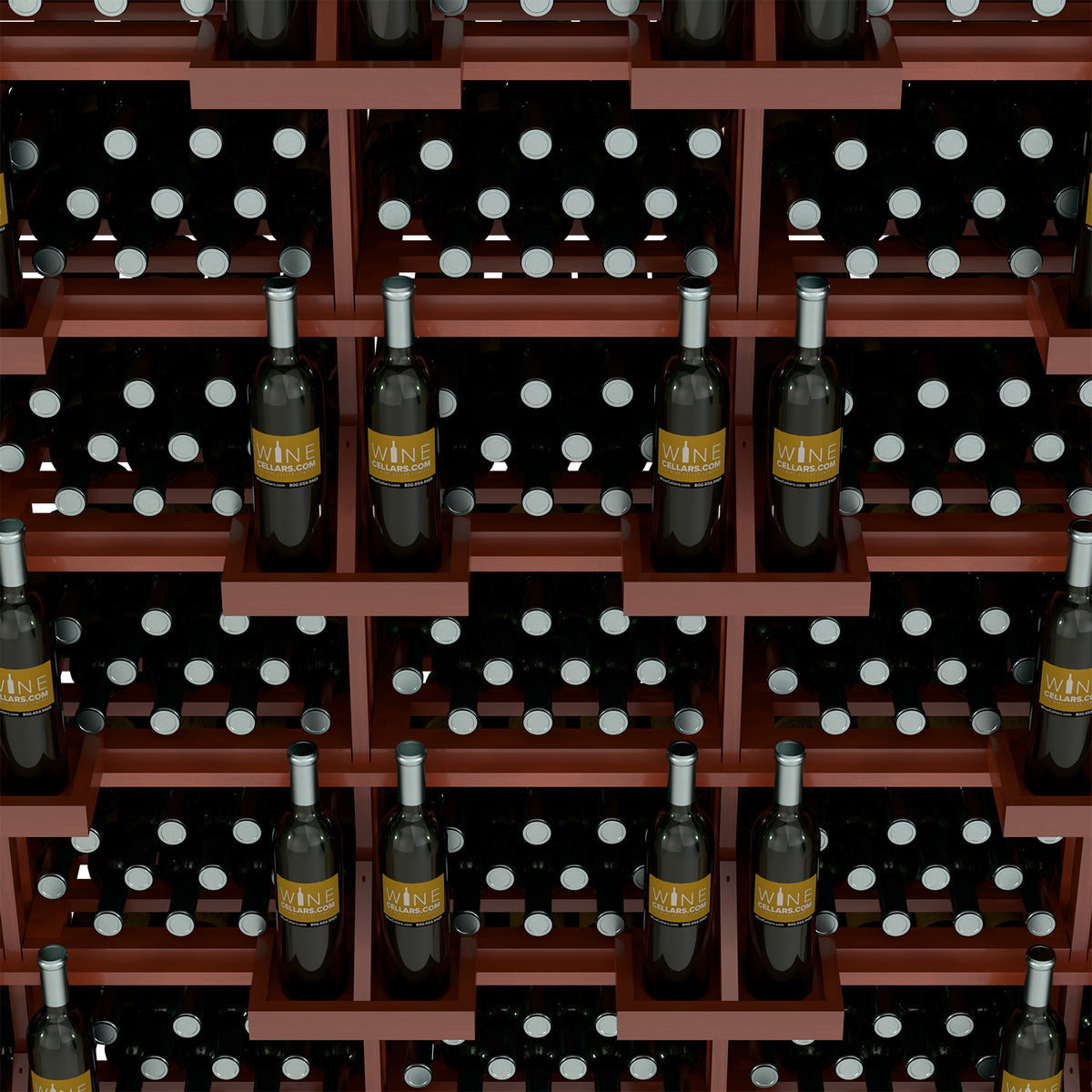 Wine bottle wall display close-up with reddish frame and black polka-dot bins