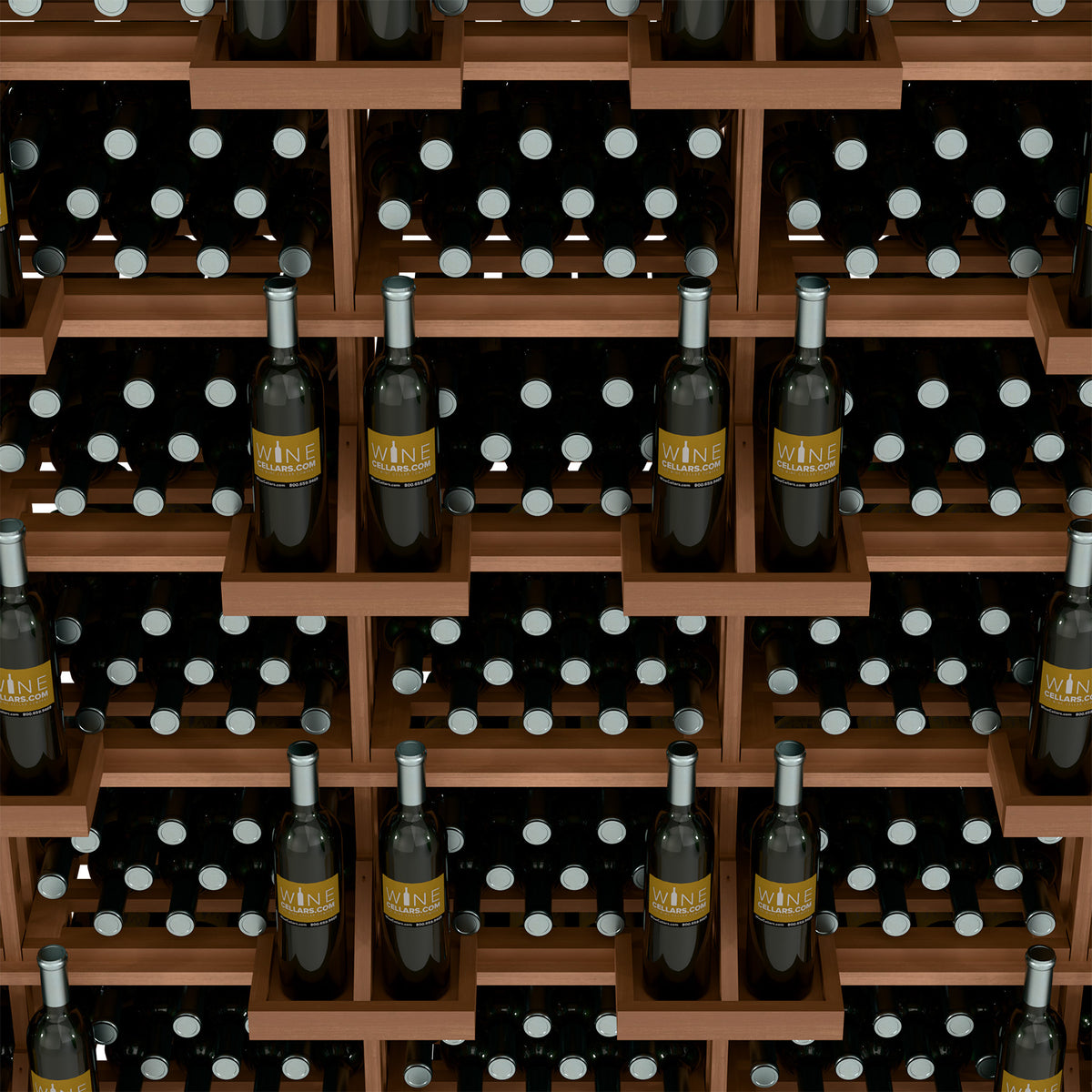 Front section of wine bottle wall display showing stacked bottle rows and bins
