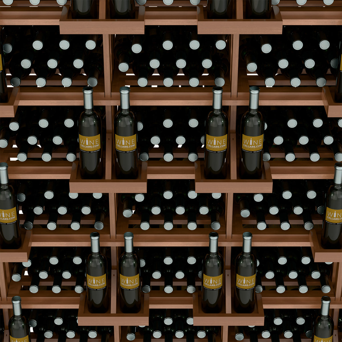 Wine bottle wall display close-up with light wood frame and black polka-dot bins
