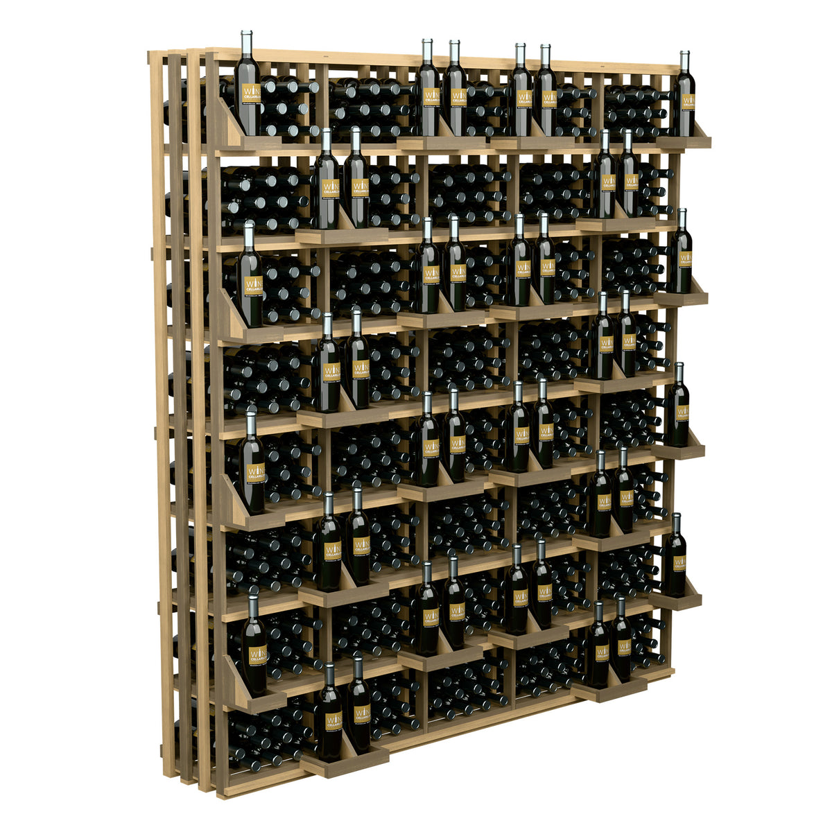 Wine bottle wall display rack with pale wood finish, polka-dot backing, and capped bottles