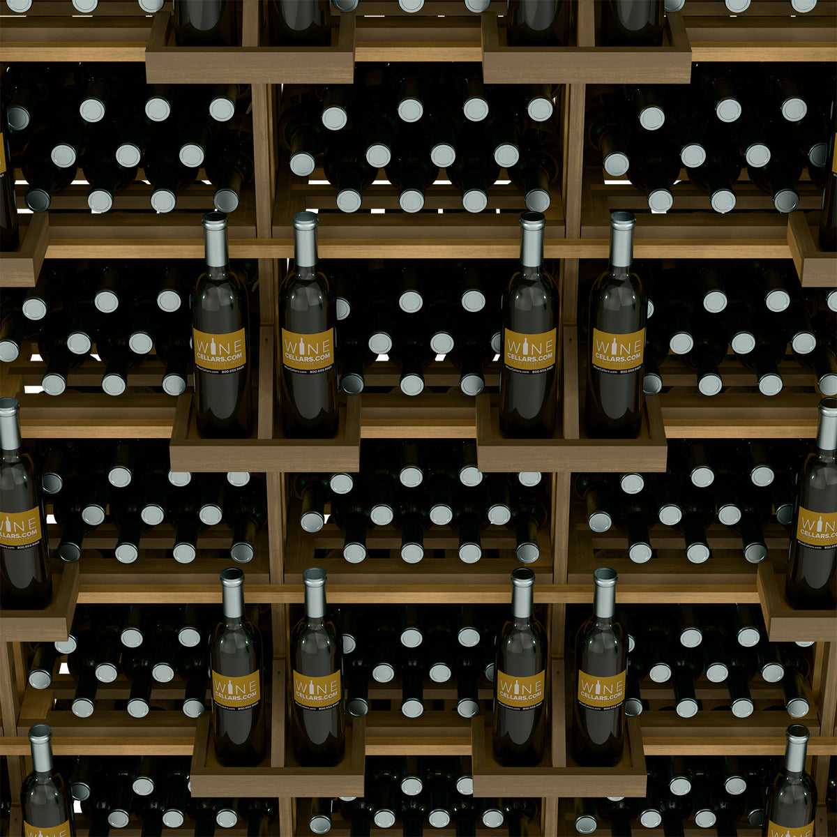 Wine bottle wall display with brown slotted bins and capped bottles, close-up view