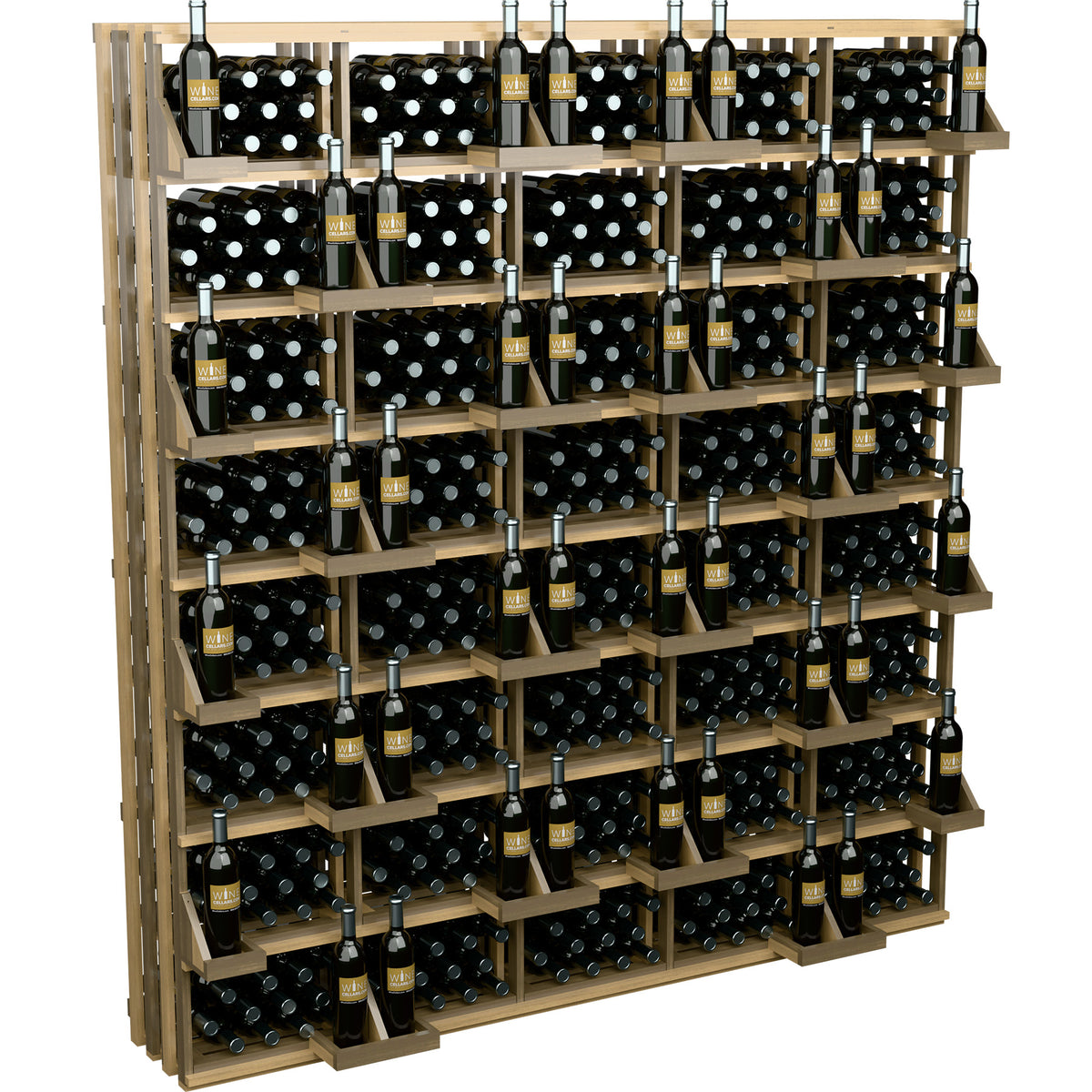 Wine bottle wall display with bulk bins, natural wood frame and black polka-dot bottle holders