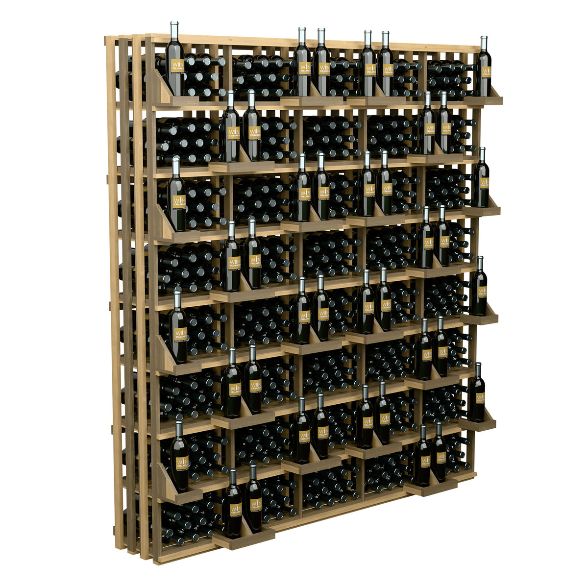 Wood wine bottle wall display with open shelves holding rows of dark bottles