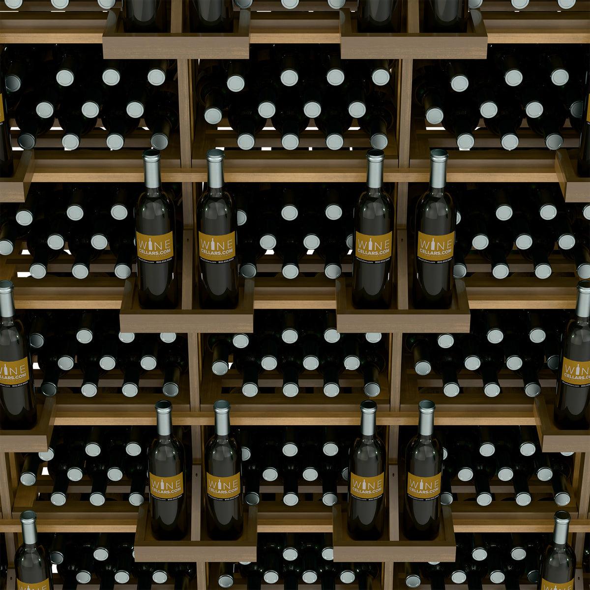 Close view of wood wine rack with rows of dark bottles and dot-pattern holders