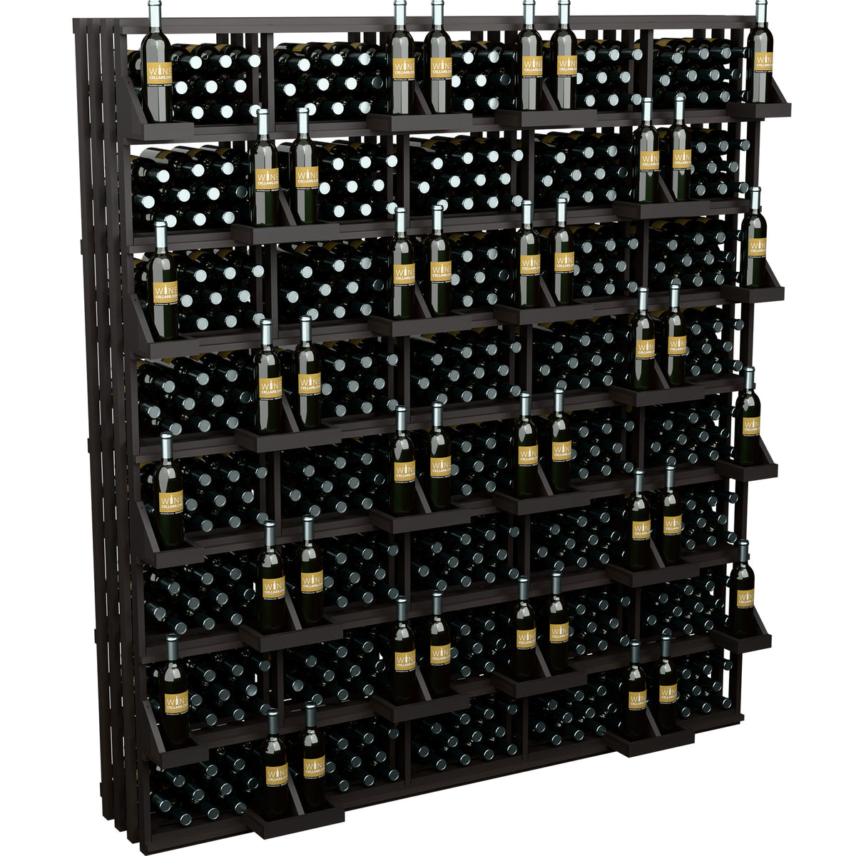 Wine bottle wall display rack, black finish with polka-dot backing and capped bottles