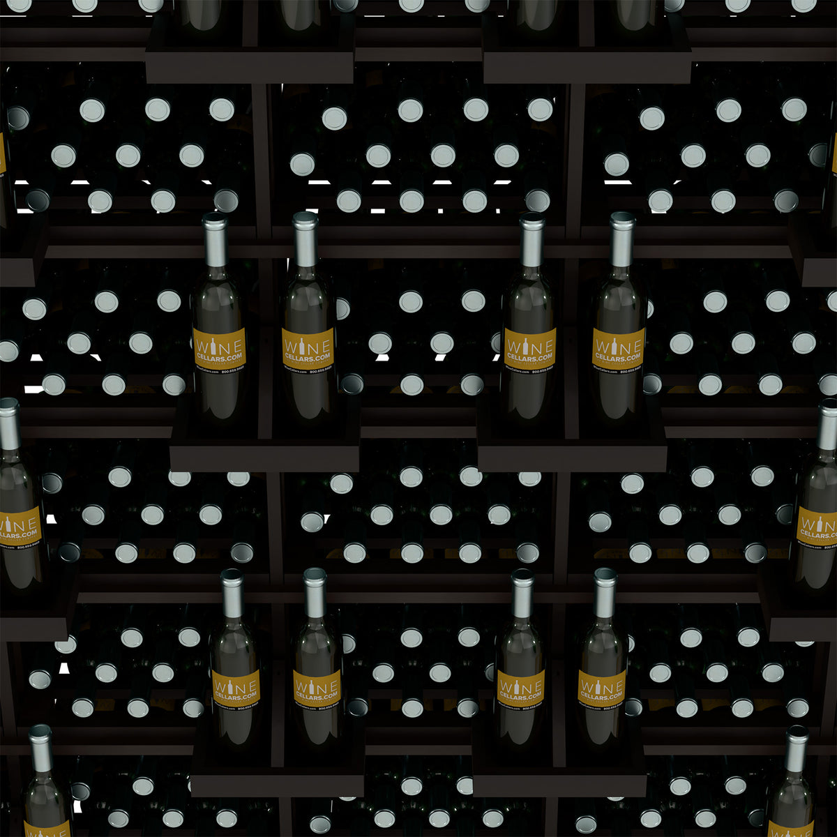Wine bottle wall display with black slotted bins and capped bottles, close-up view