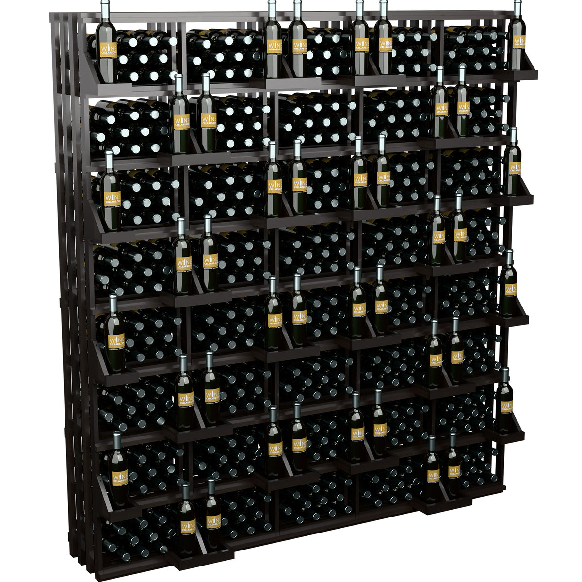 Black wine bottle wall rack with wood shelves and tightly packed dark bottles