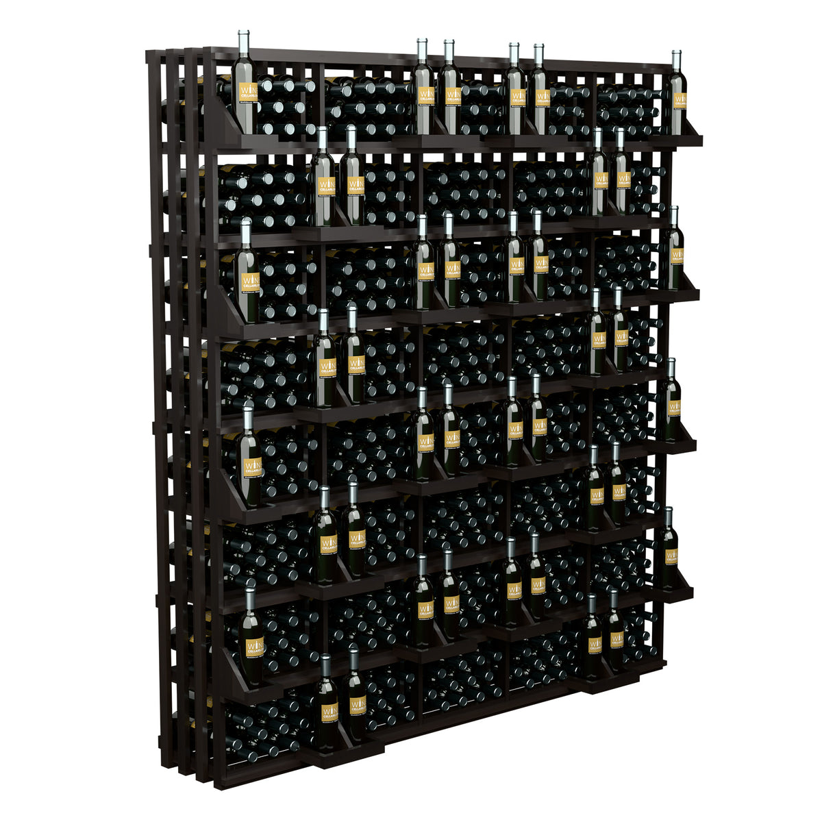Dark wood wine bottle display rack with multiple tier shelves for bottles