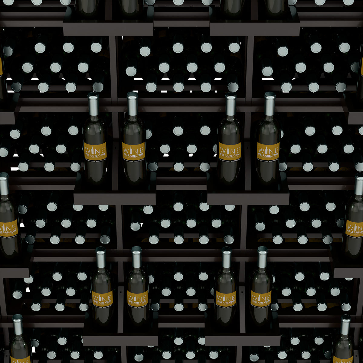 Front close-up of wood wine rack with bottle rows and dot-pattern backboards