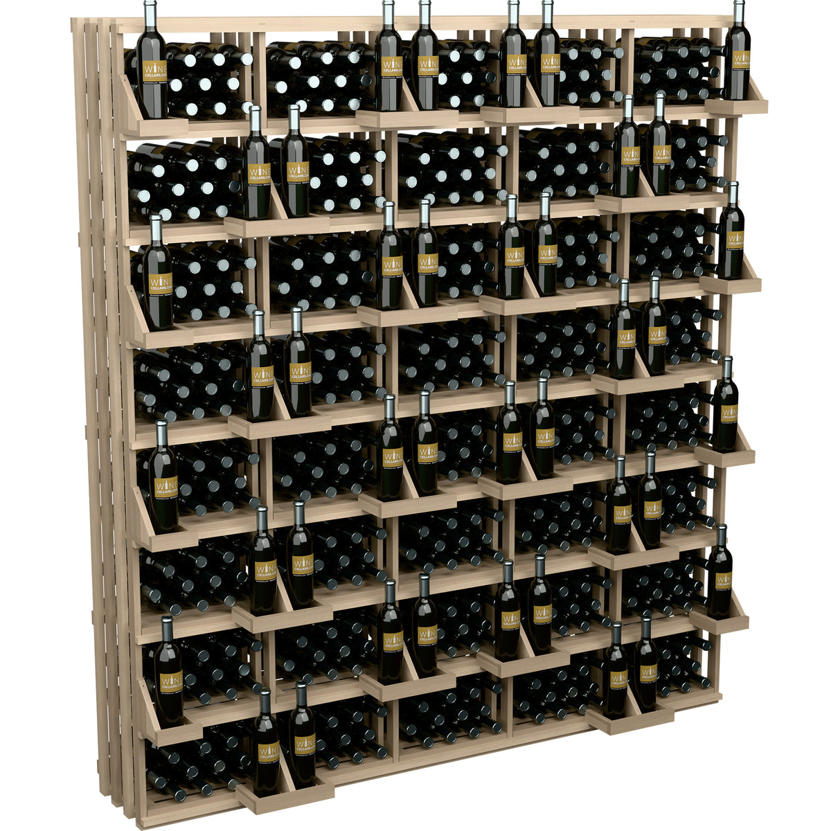 Wine bottle display rack with bulk bins, full wall unit of light wood bottle slots