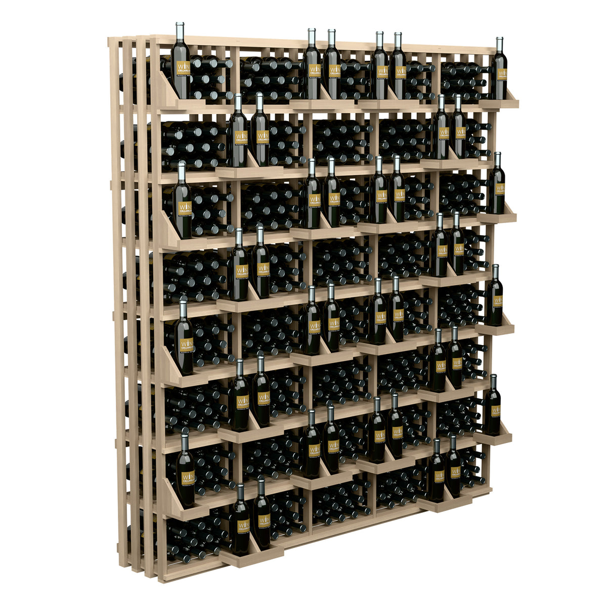 Wine bottle wall display rack with light wood tone and multiple rows of capped bottles