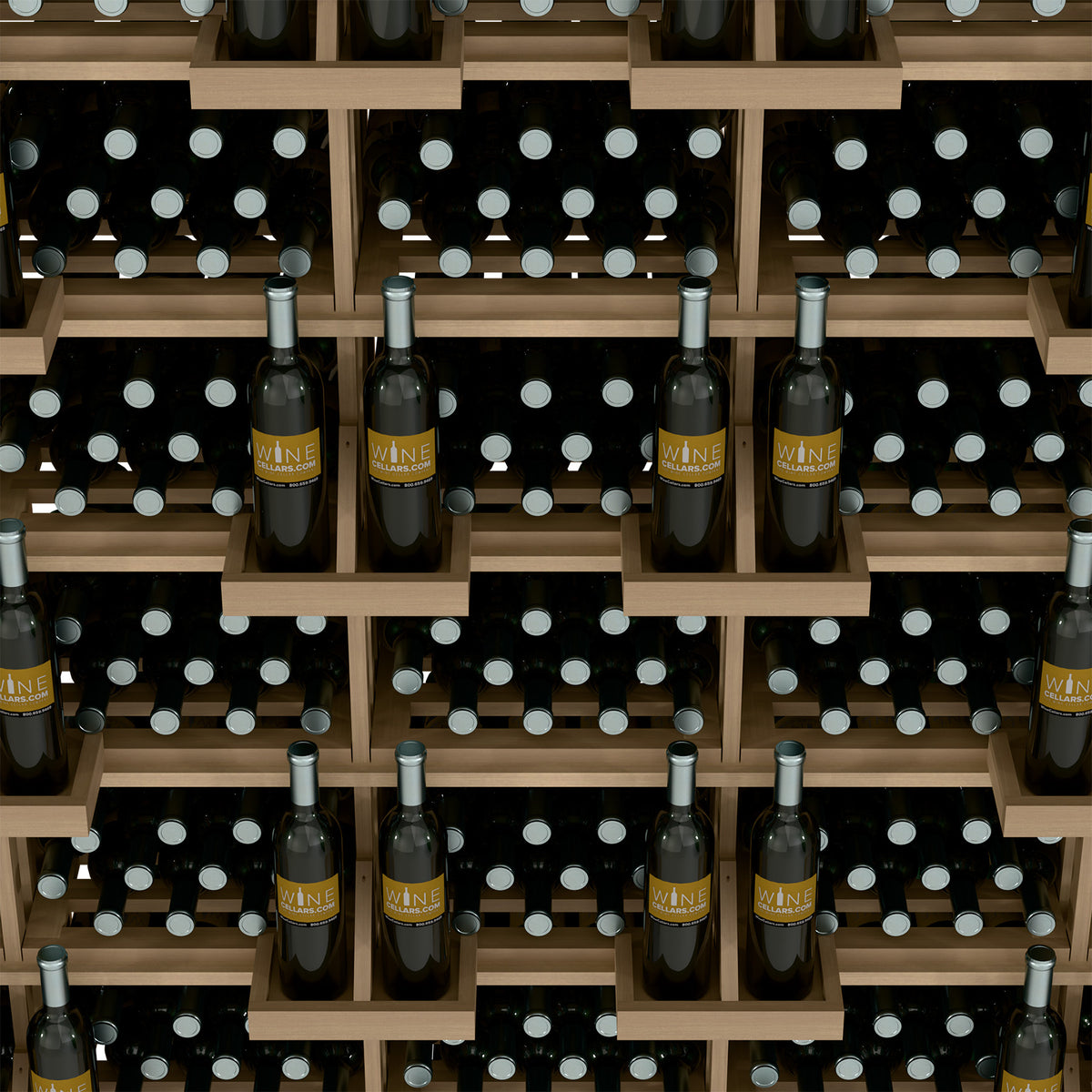 Wine bottle display rack with bulk bins, light wood shelves holding bottles