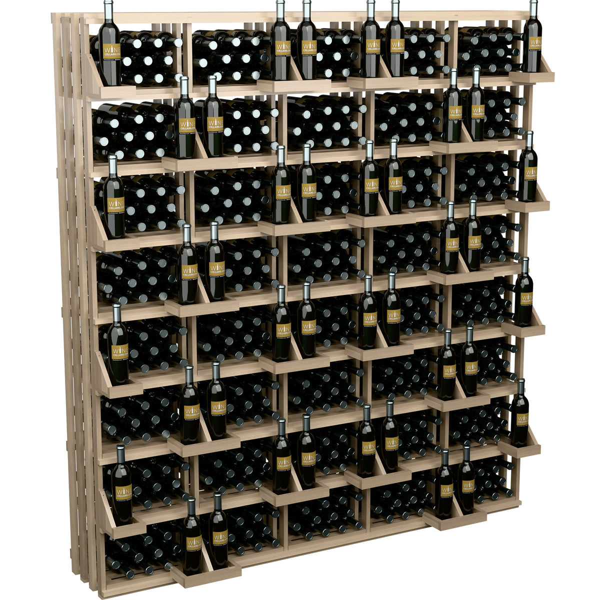 Light wood wine bottle wall display with tiered shelves packed with bottles