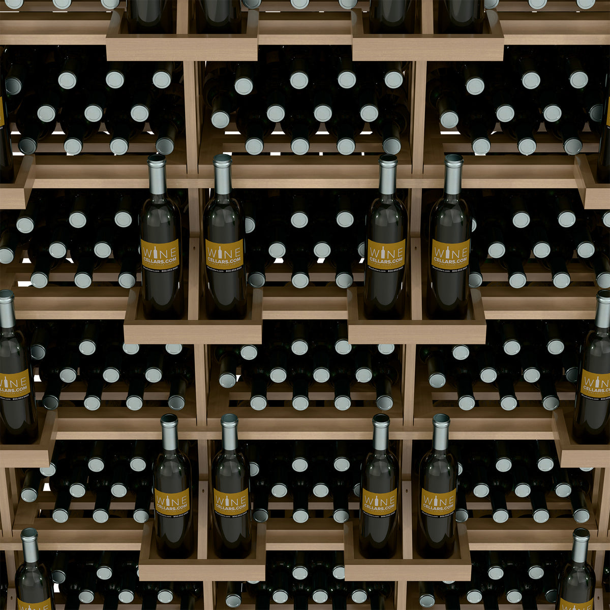 Close-up of tiered wood wine rack holding dark bottles in dot-pattern slots