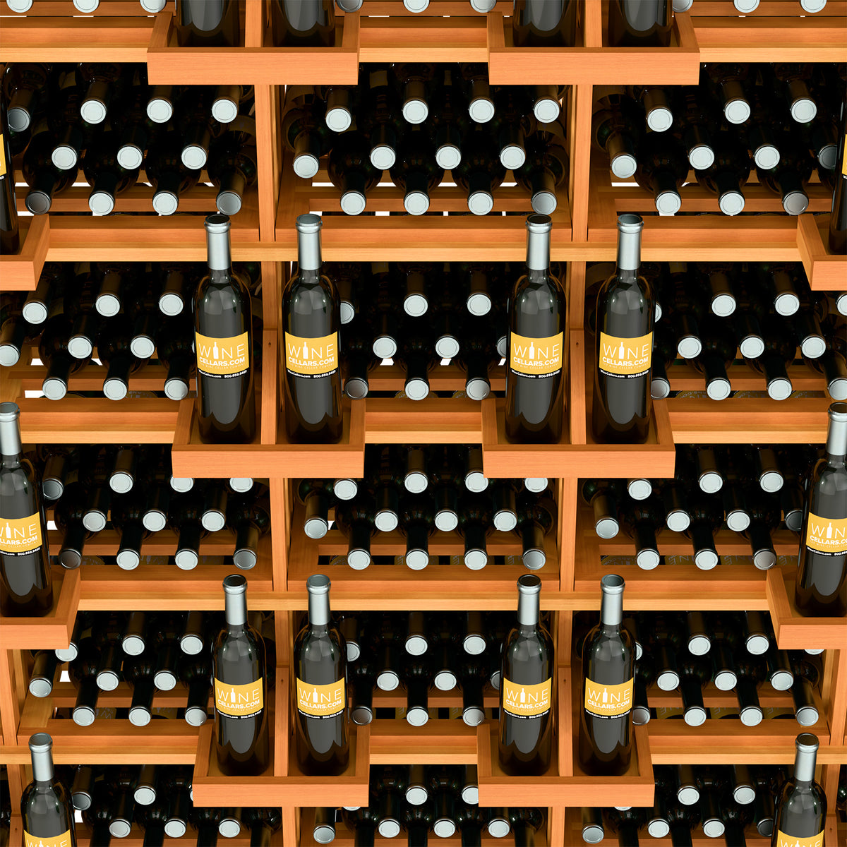 Wine bottle display rack with bulk bins, close-up of orange wood shelves and bottle necks