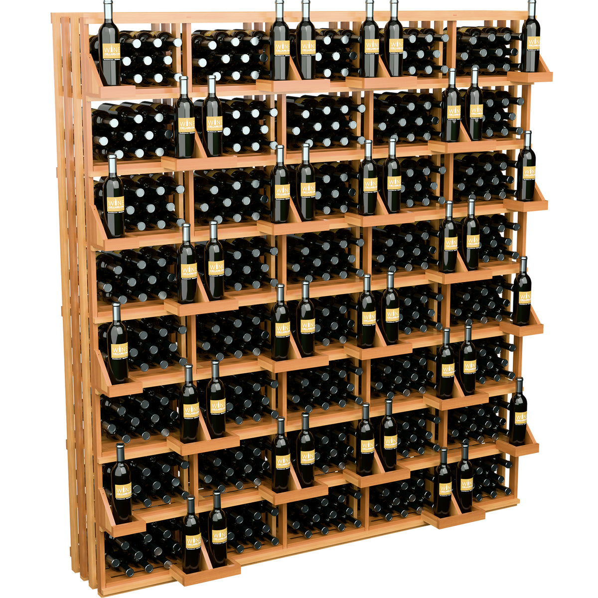 Light wood wine bottle display rack with tiered shelves for neatly arranged bottles