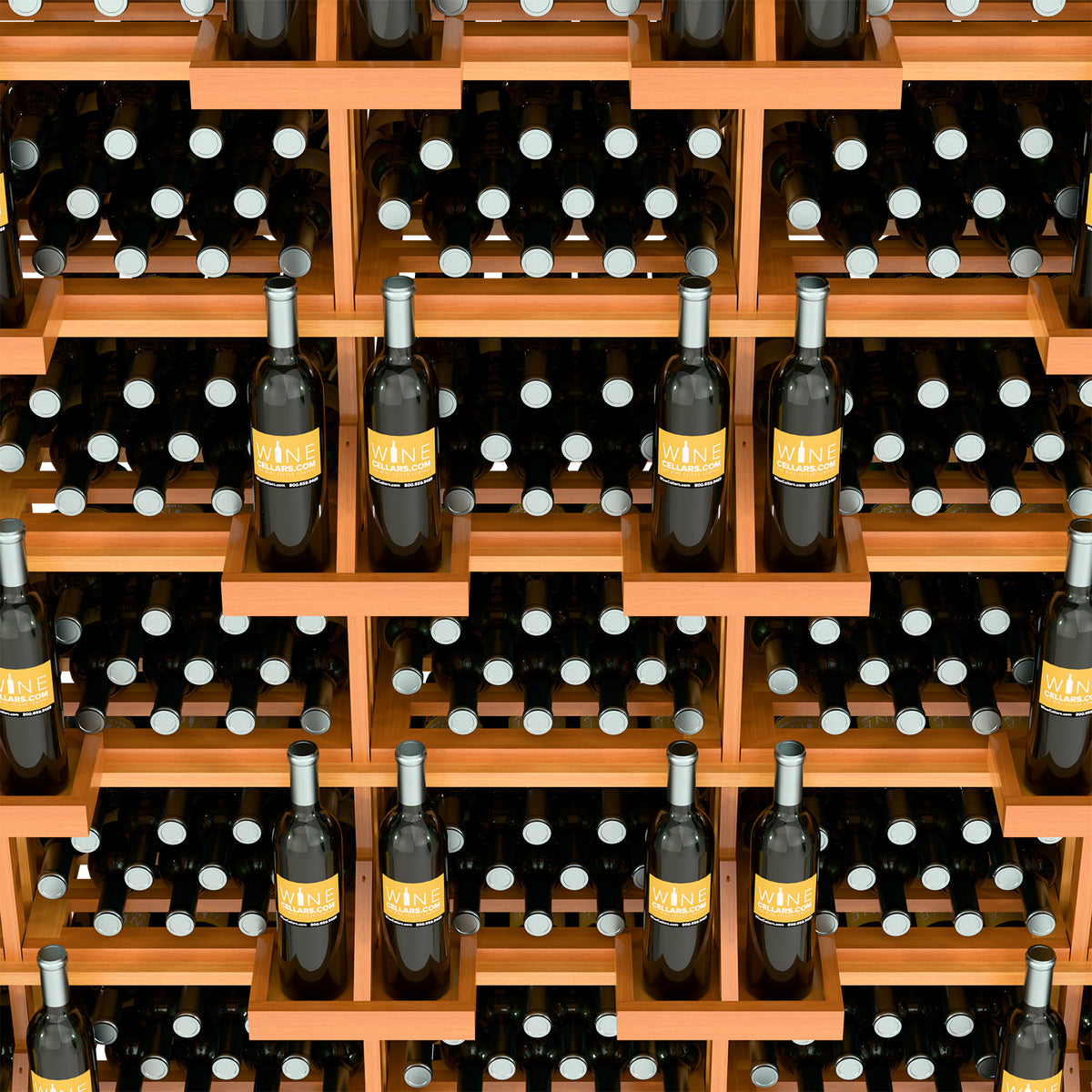 Wood wine bottle wall display with bulk bins, dark wood shelves holding bottles