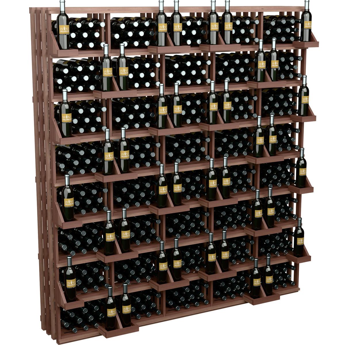 Wine bottle display rack with bulk bins, tall wall unit in dark wood with bottle slots