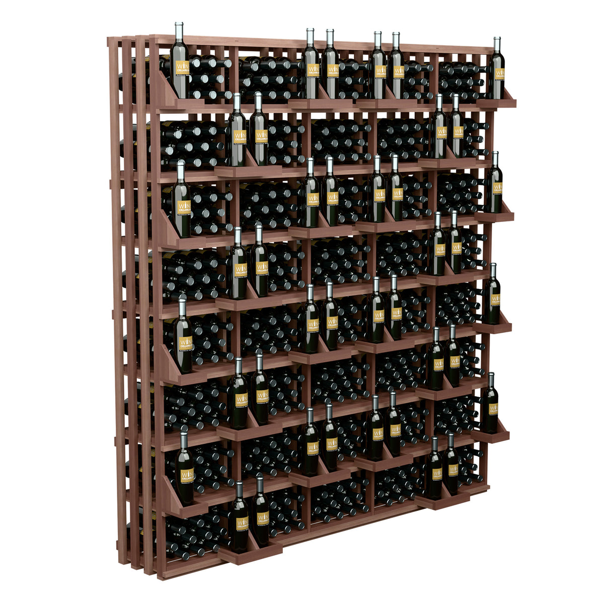 Wine bottle wall display rack with rich brown tone and capped bottles in bulk bins