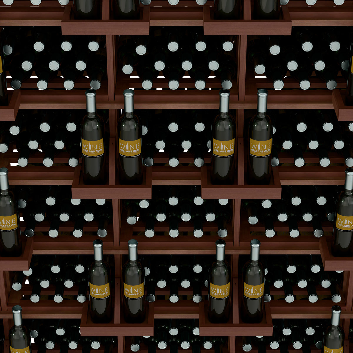 Wine bottle wall display with dark wood bins and capped bottles, polka-dot backing