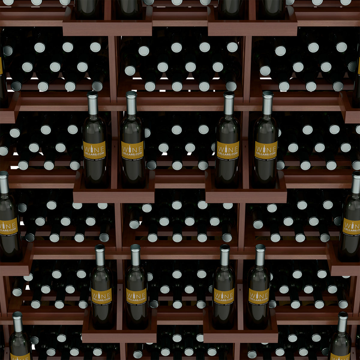 Dark wood wine bottle wall display with bulk bins, bottles on front shelves
