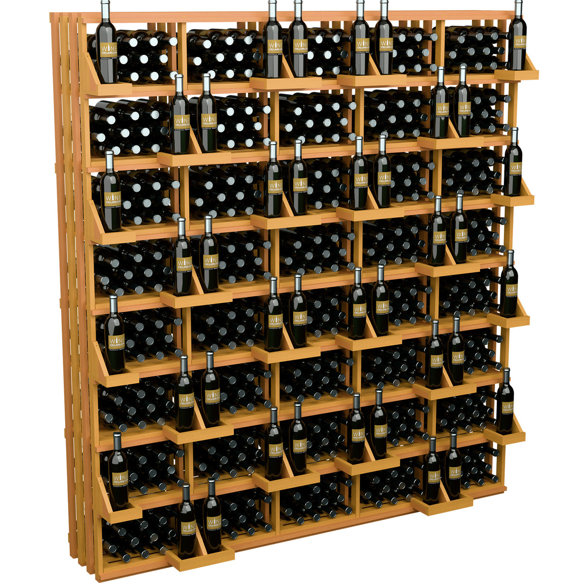 Wine bottle display rack with bulk bins, full front view in warm light wood bottle slots