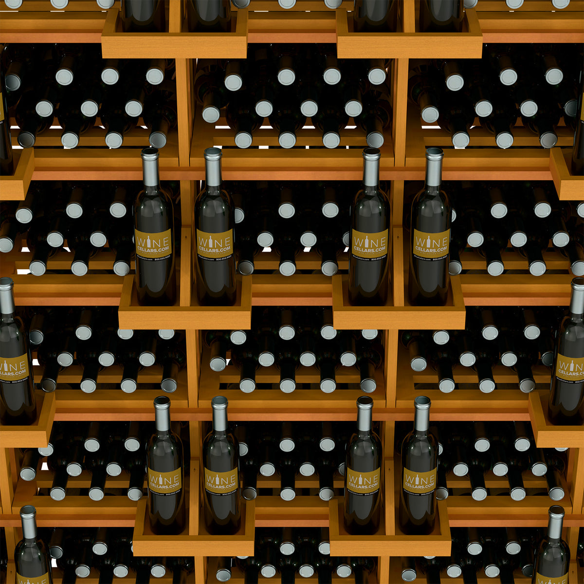 Wine bottle display rack with bulk bins, close-up of orange wood compartments with bottles