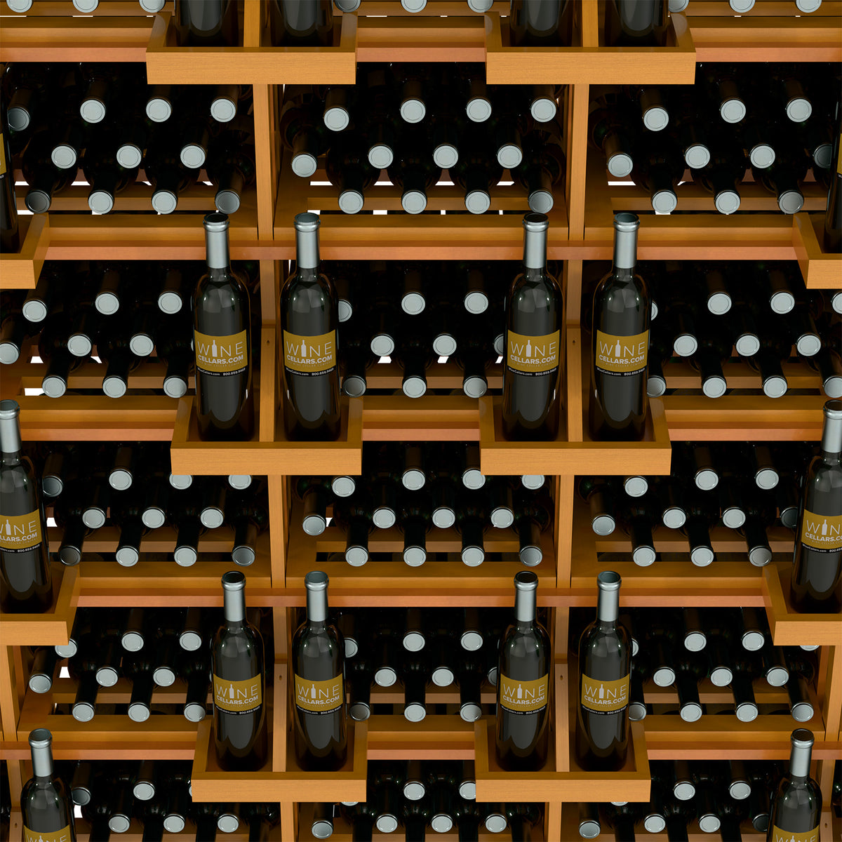 Wood wine bottle wall display with bulk bins, bottles in front shelves close-up