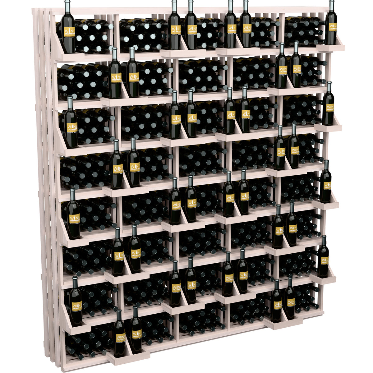 Wine bottle display rack with bulk bins, full wall unit in medium wood with bottle rows
