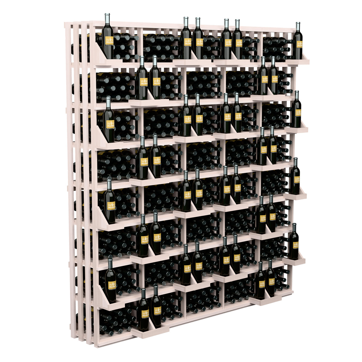 Wine bottle wall display rack with very light wood finish, polka-dot backing, capped bottles