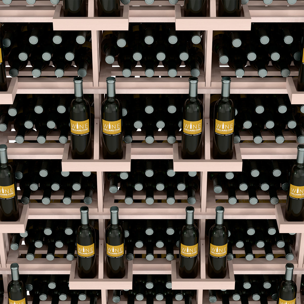 Wine bottle display rack with bulk bins, centered view of bottle slots in light wood