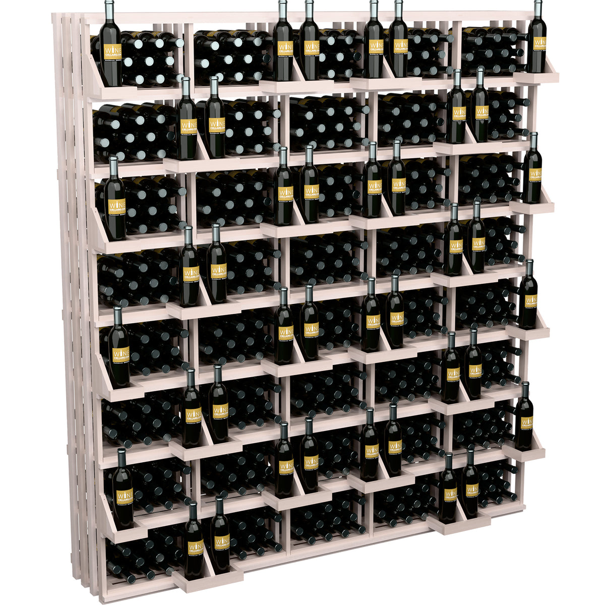 Whitewashed wood wine bottle wall display with bulk bins, shelves packed with bottles