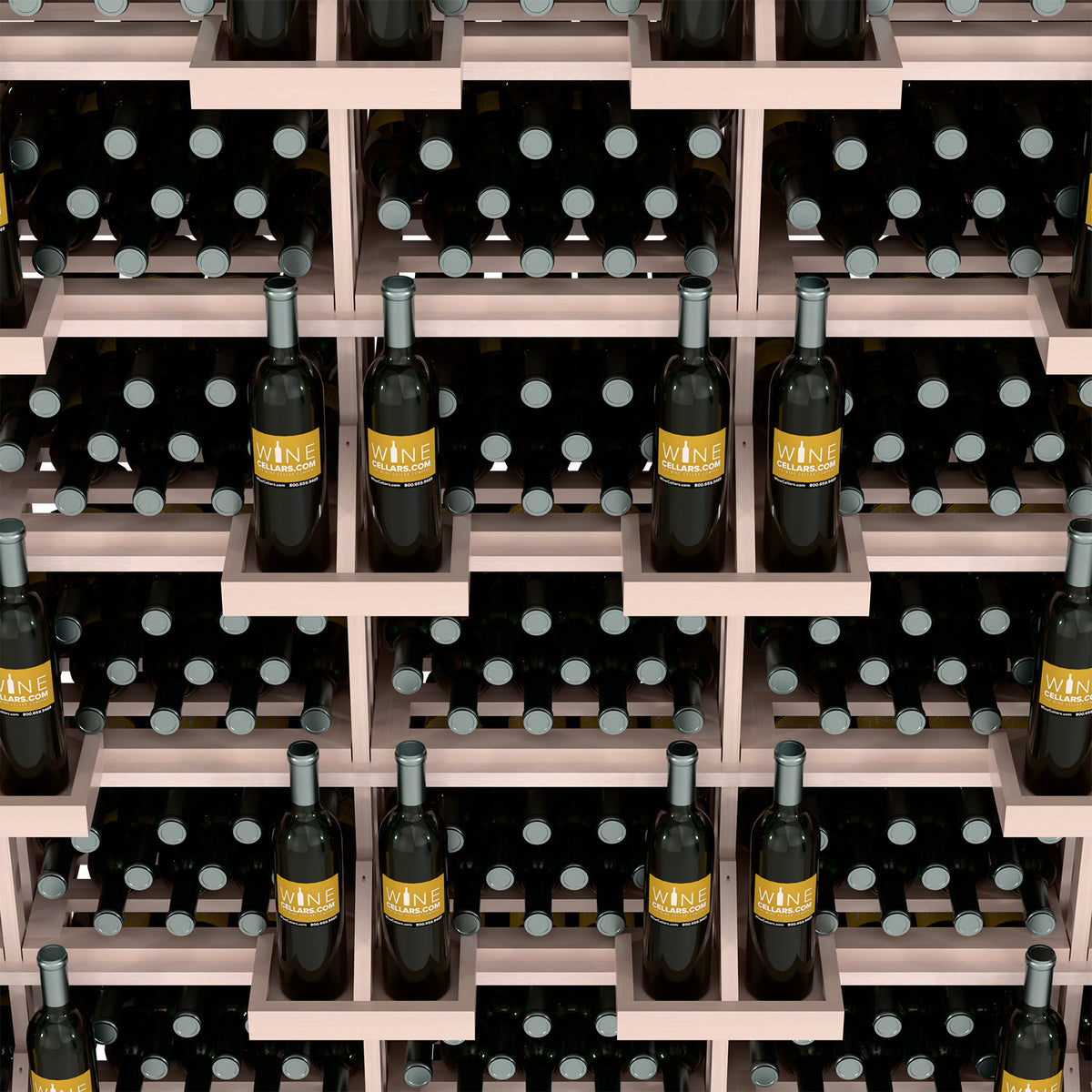 Whitewashed wood wine bottle wall display with bulk bins, bottles on shelves close-up