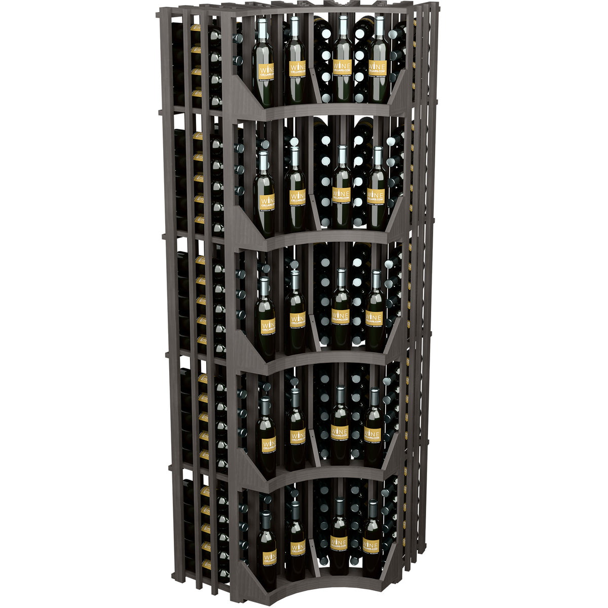Curved corner wine bottle wall display with 6-column bottle slots, dark frame
