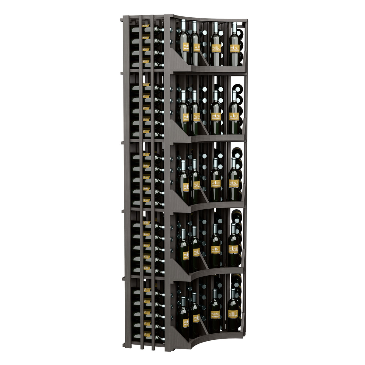 Curved corner wine bottle wall display, 6-column design with dark wood frame